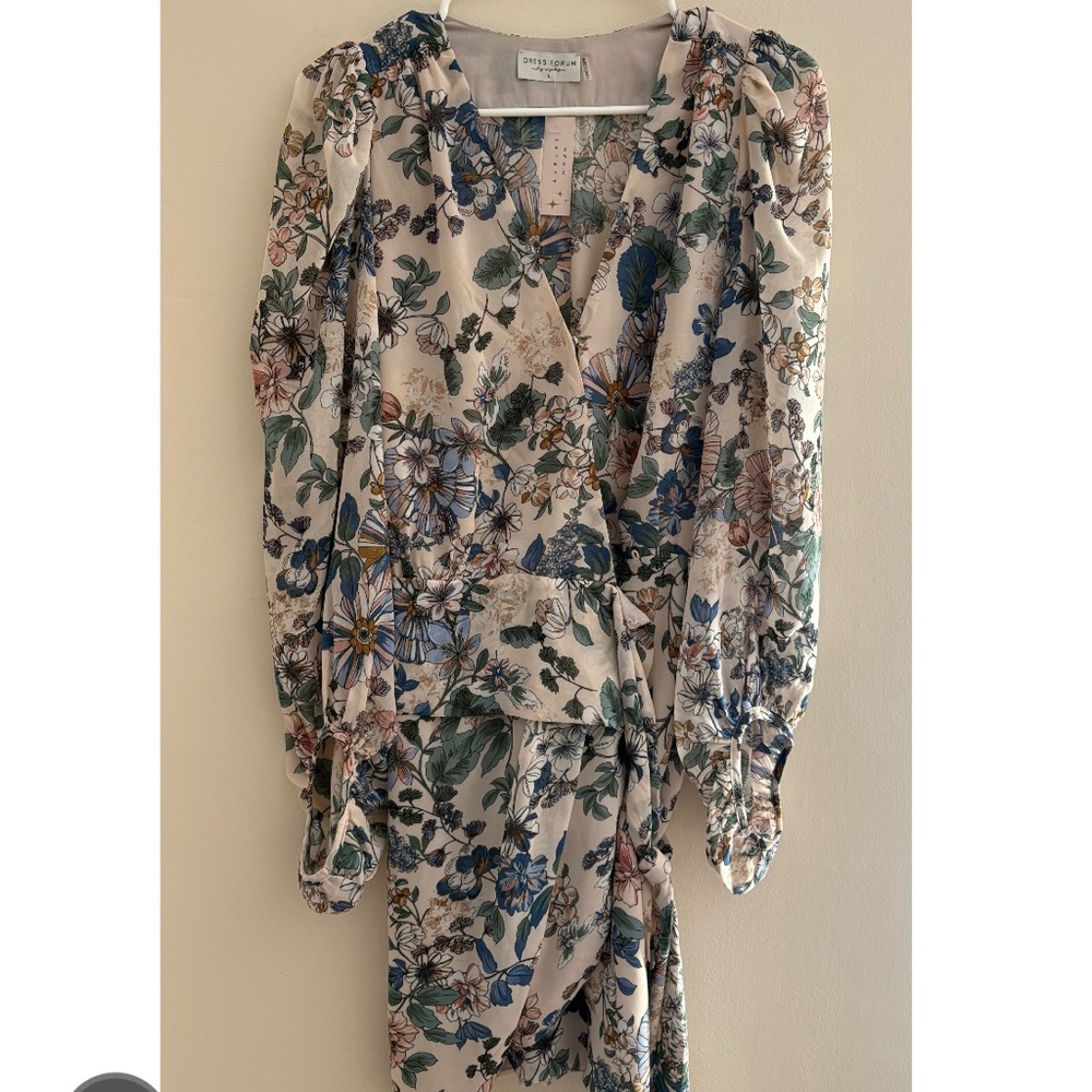 Dress Forum Cream Floral Wrap Dress with Blue and Green Prints